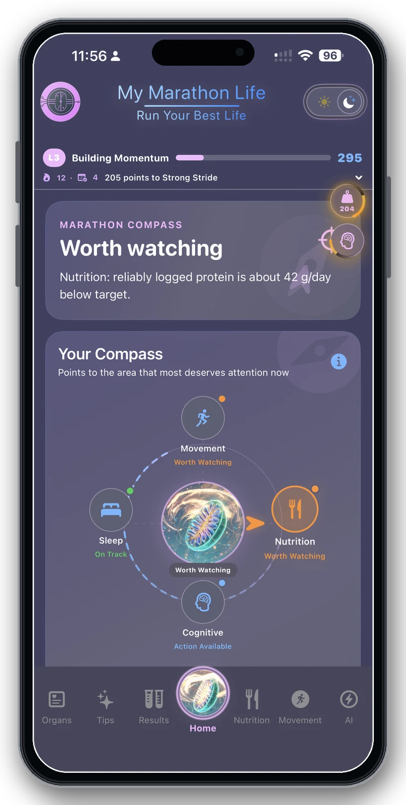 Dark mode Marathon Compass displayed on an iPhone 15 Pro Max