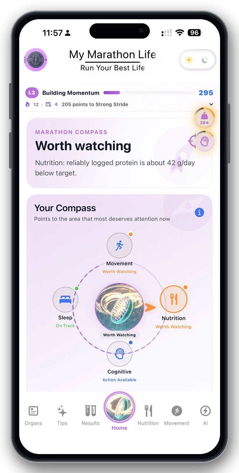 Light mode Marathon Compass displayed on an iPhone