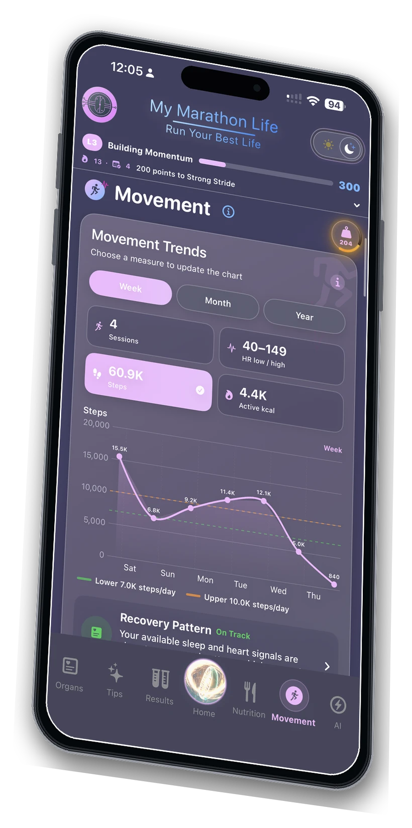 Dark mode Movement trends displayed on an angled iPhone