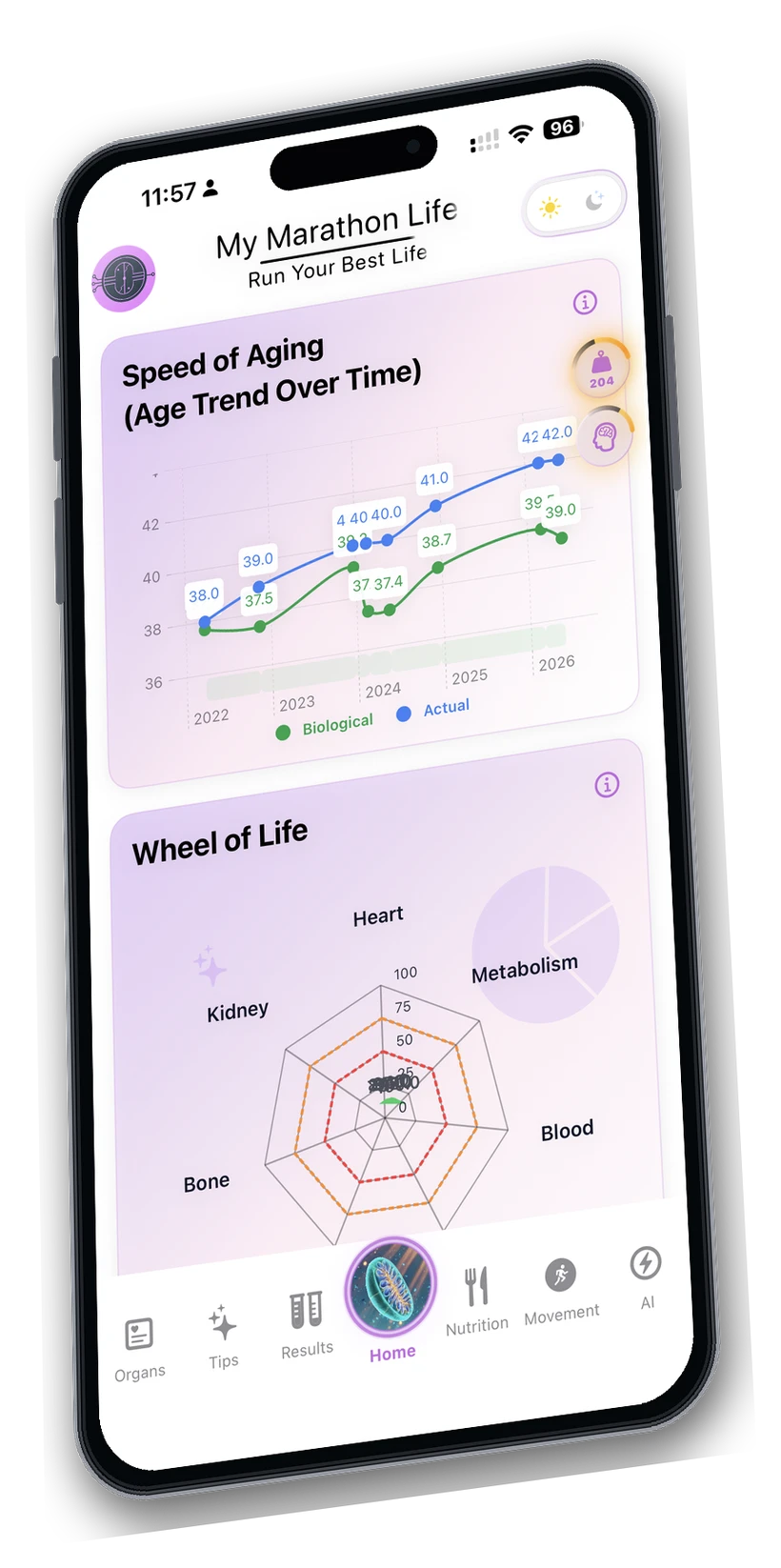 Light mode Speed of Aging displayed on an angled iPhone