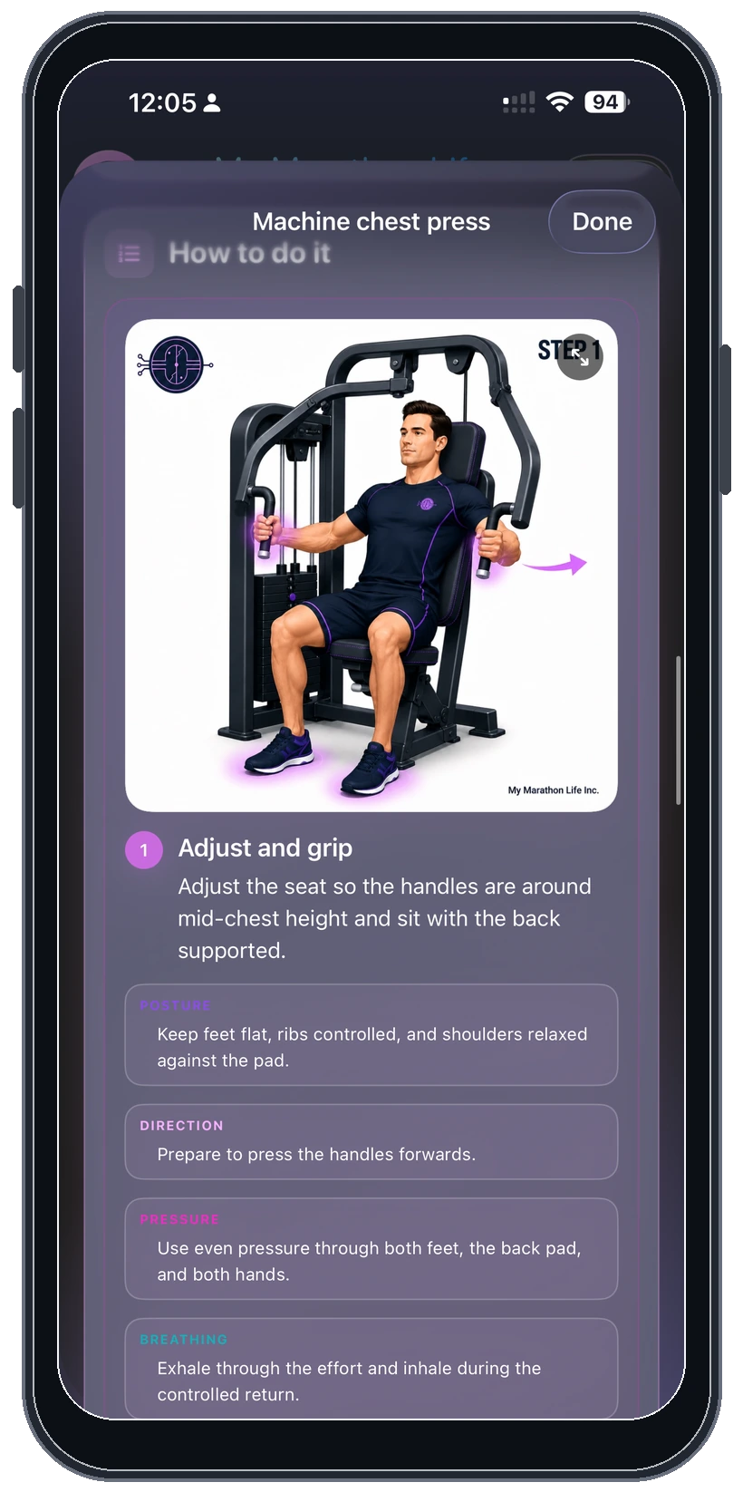 Movement exercise guidance in dark mode on an iPhone
