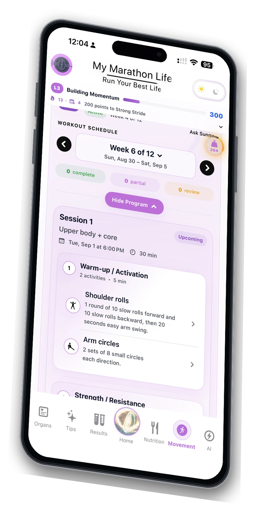 Light mode Movement plan displayed on an angled iPhone