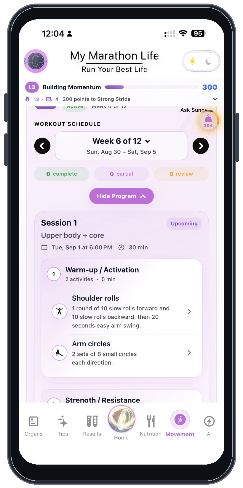 Movement program schedule in light mode on an iPhone