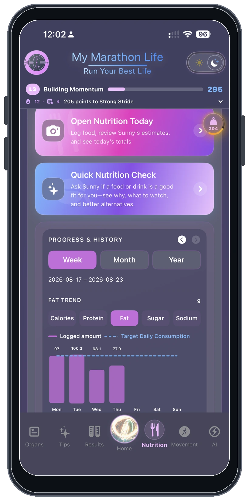 Nutrition dashboard in dark mode on an angled iPhone