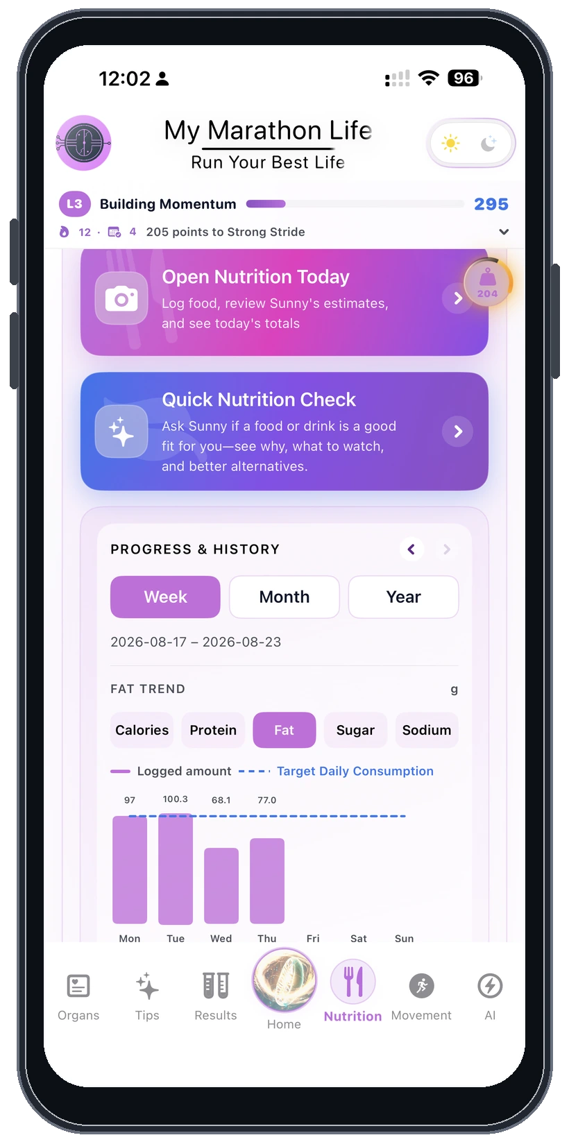 Nutrition dashboard in light mode on an iPhone