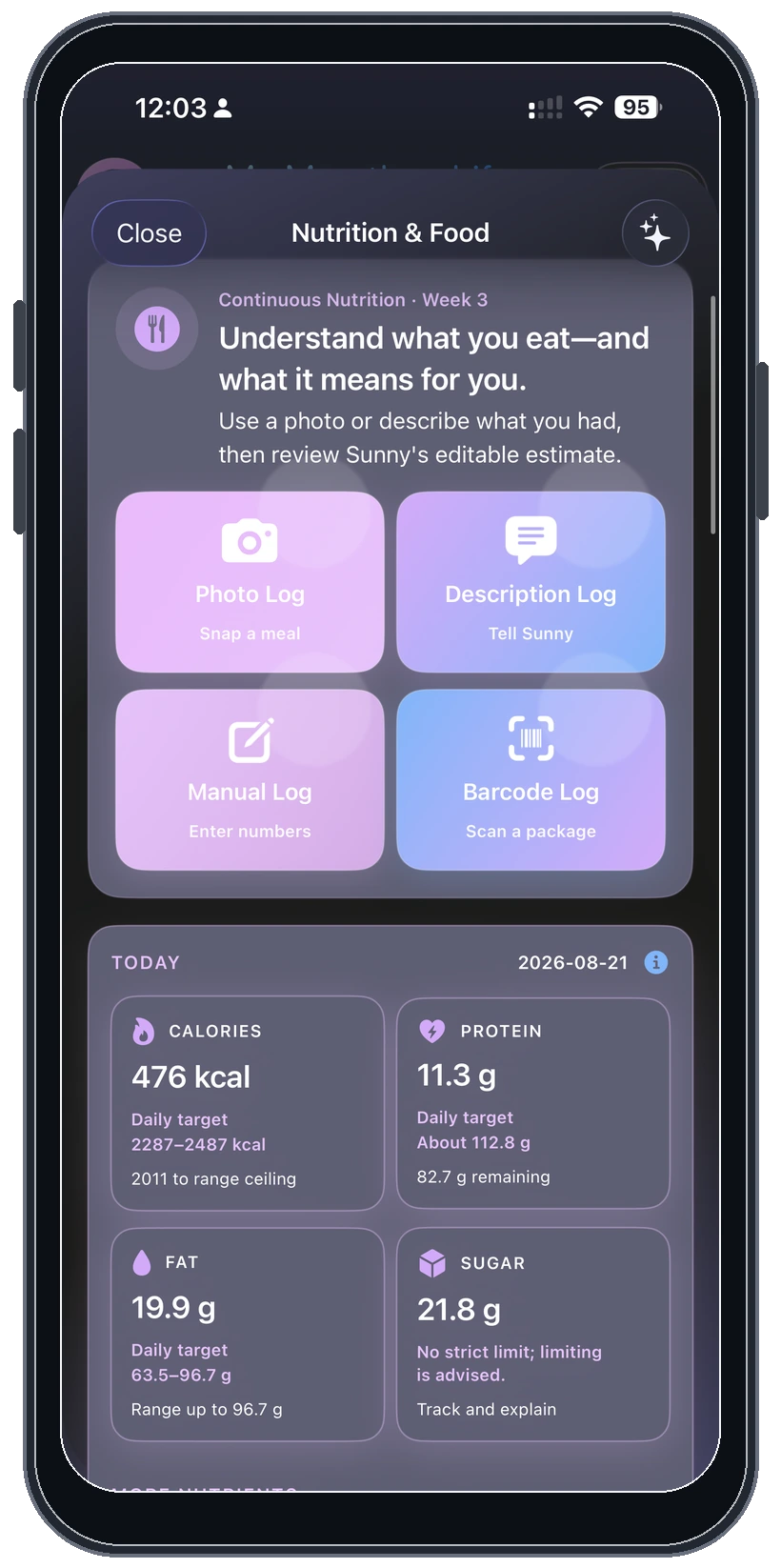 Nutrition logging in dark mode on an iPhone
