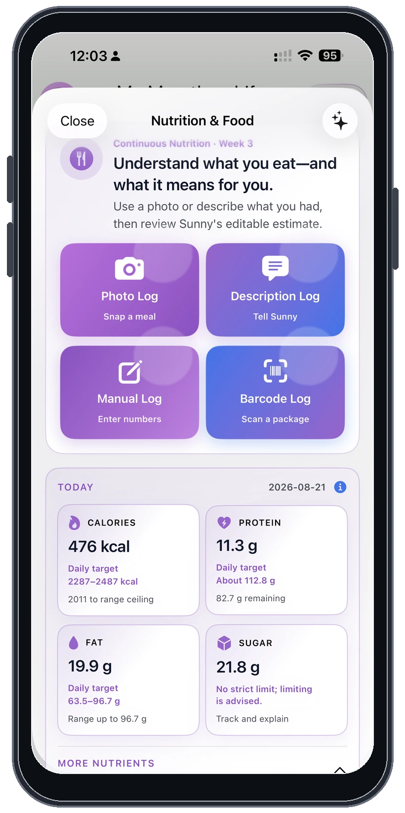 Nutrition logging in light mode on an angled iPhone