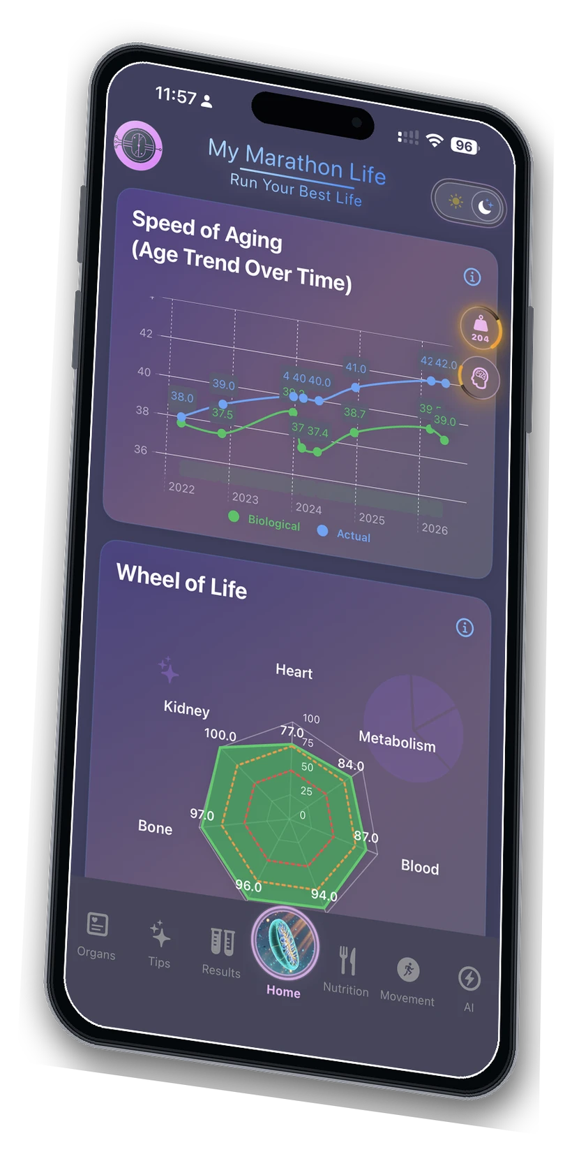 Dark mode Speed of Aging displayed on an angled iPhone